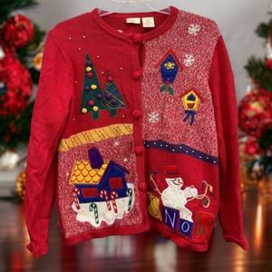 Bobbie Brooks Ugly Christmas Sweater Cardigan Button Up Women Sz L Snowman Tree